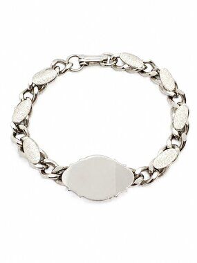 VINTAGE ID BRACELET Silver Tone Engravable Curb Link Textured Station 7.25"